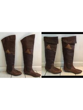 LUCKY BRAND vtg 80s-Style Brown Over The Knee Patchwork Leather Boots sz 7/7.5